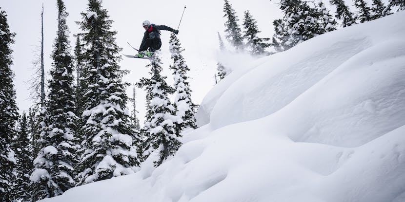 Black Diamond athlete Isaac Freeland sending a jump in the backcountry.