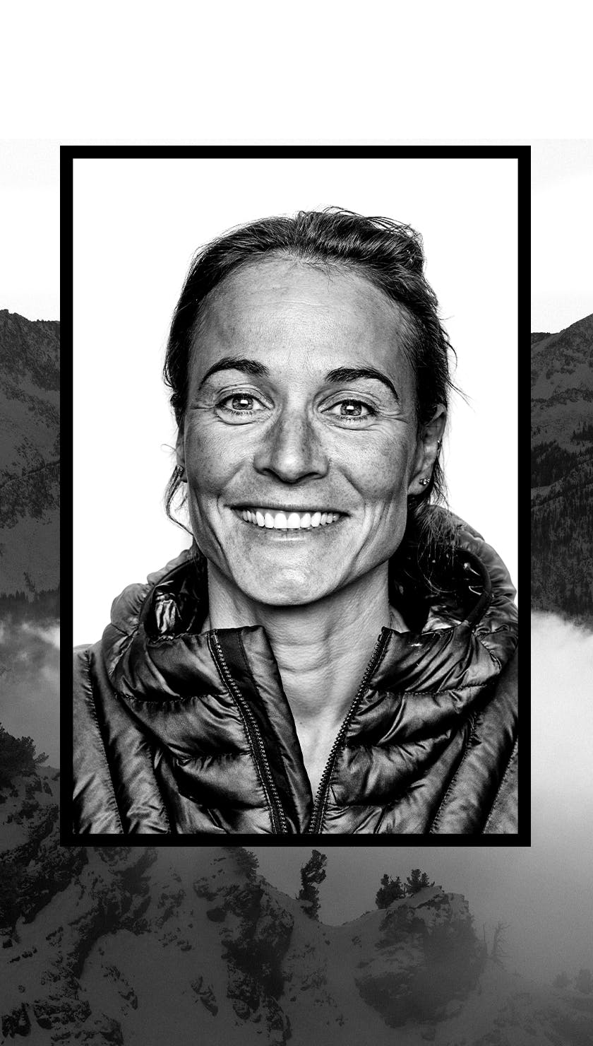 A Portrait of the late Black Diamond ambassador Hilaree Nelson with a background border of mountains.
