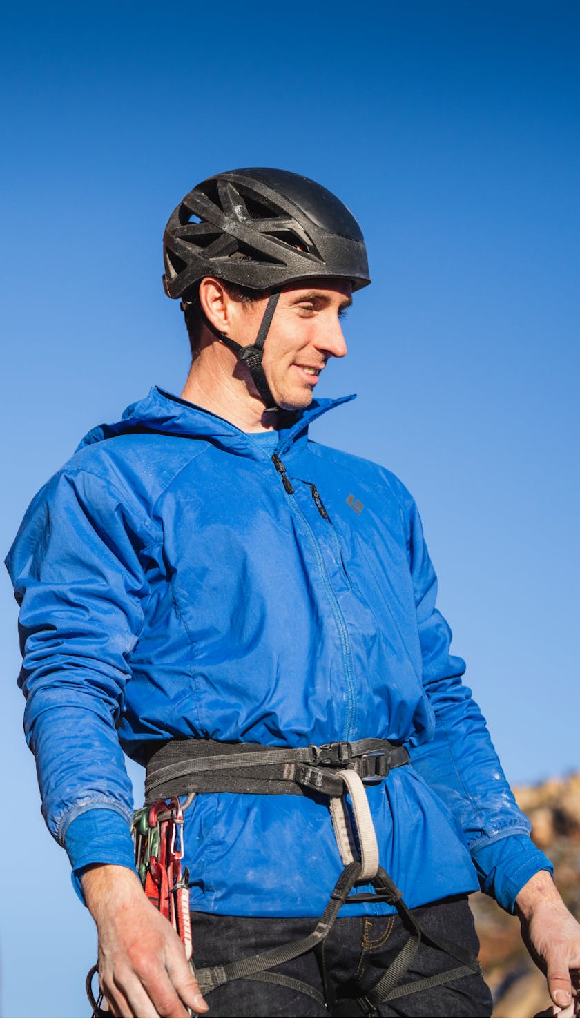 Black Diamond athlete Carlo Traversi wearing the Alpine start Insulated hoody. 