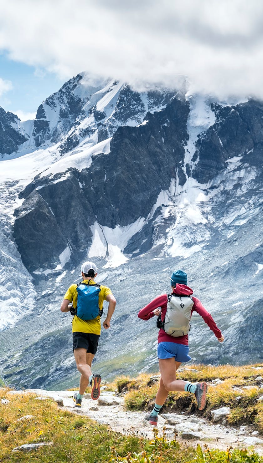 The Patitucci team running through the Alps with Black Diamond Trail Running Packs and apparel.