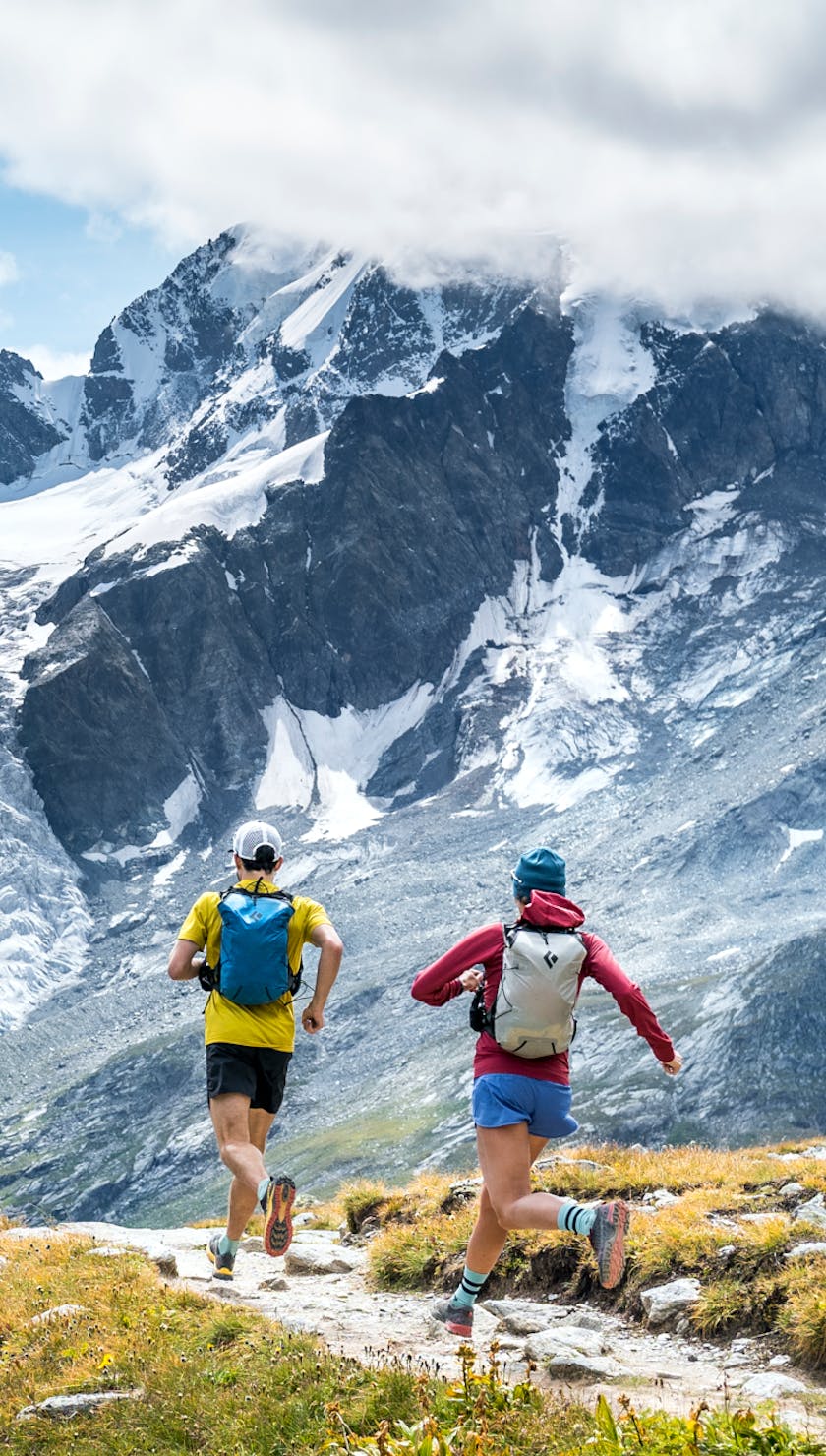 The Patitucci team running through the Alps with Black Diamond Trail Running Packs and apparel. 