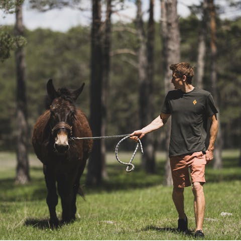 An image of BD athlete  Seb Bouin, walking with a mule in a small village outside of Verdon Gorge, France.