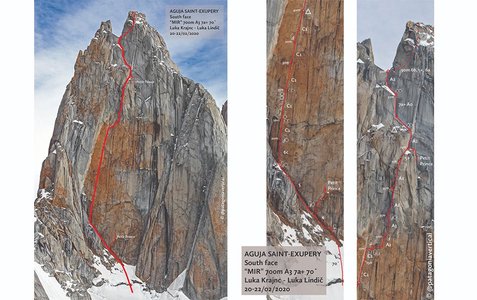 Illustration of the route on the south face of Aguja Saint-Exupery done.