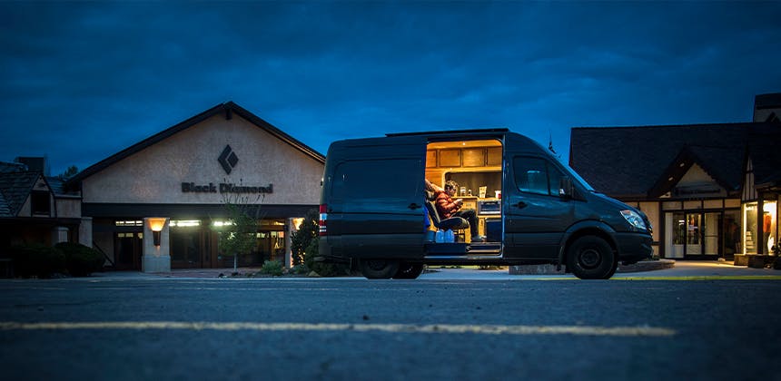 An image of a black diamond employee in his van, at Black Diamond Headquarters