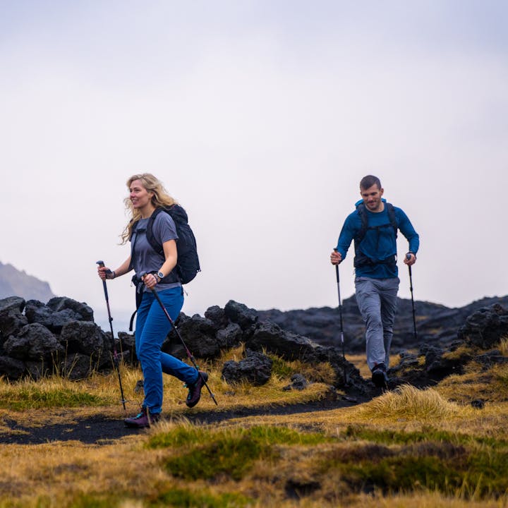 Two hikers using Black Diamond Trail series trekking poles in Iceland. 