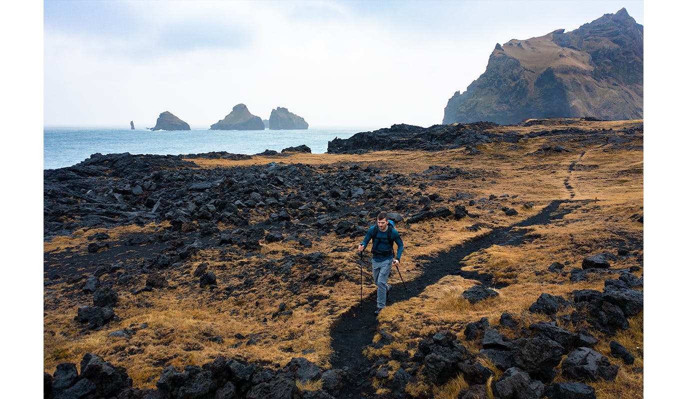 A loan hiker using Black Diamond Trial Trekking poles on a hike in Iceland. 