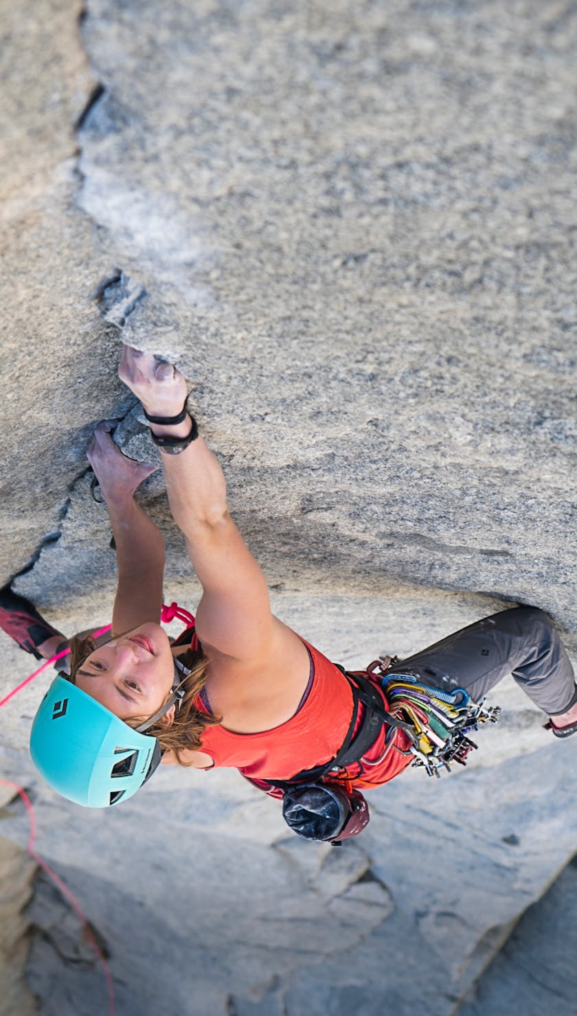 Climber ascends a crack using Black Diamond Equipment.