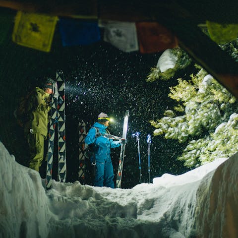 A backcountry skier gets ready for a Dawn Patrol. 