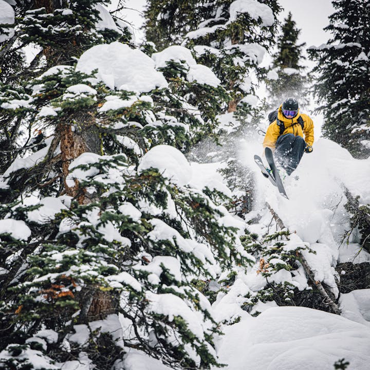 Black Diamond athlete Parkin Costain dropping from a tree pillow into powder. 