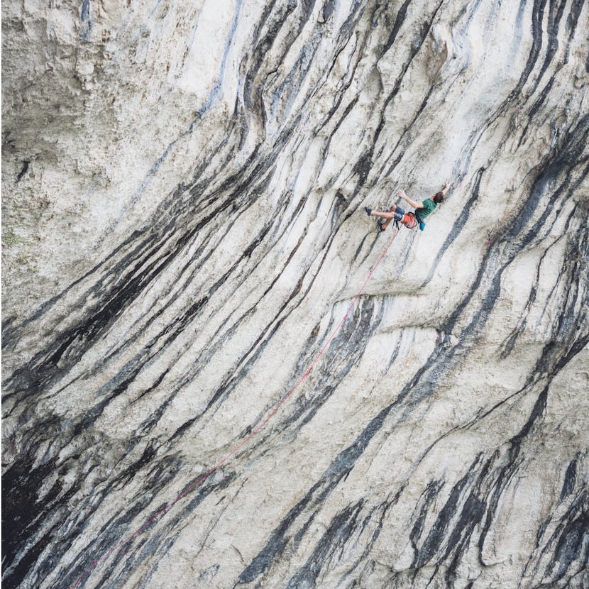 BD athlete Seb Bouin attempts his climbing project, DNA in the Verdon Gorge, France.