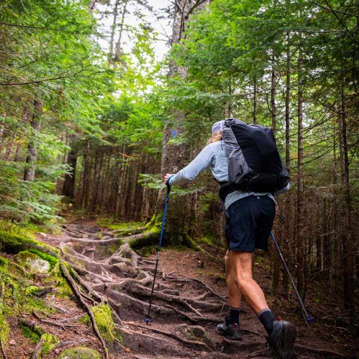 A fast packer in a Beta Light Pack treks through a forest. 