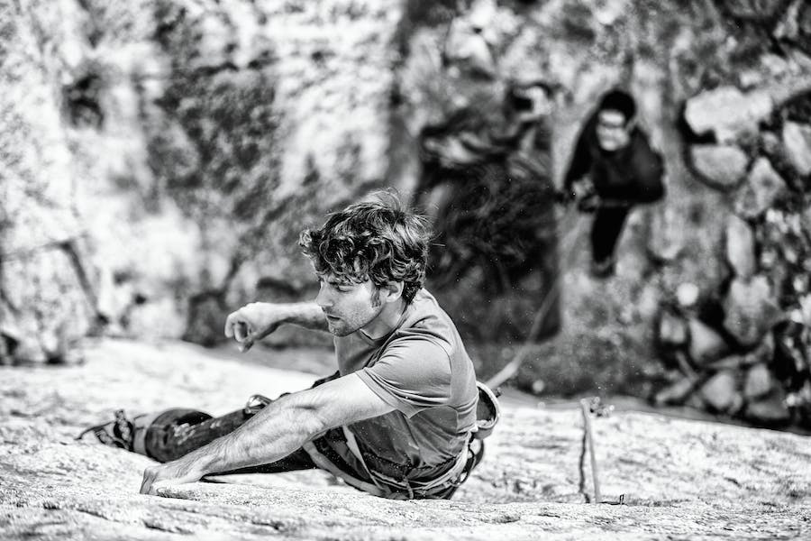 top down shot of climber shaking out on All Chalk and No Action