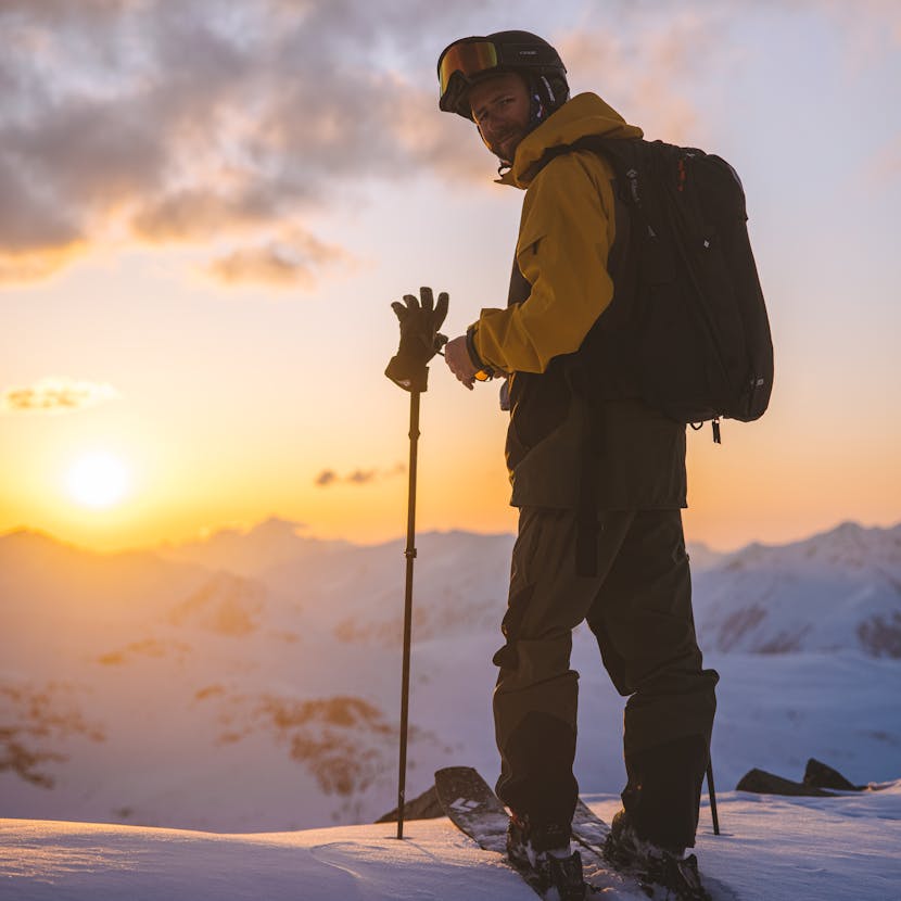 Black Diamond Athlete Jérémy Prevost about to drop in during the sunset