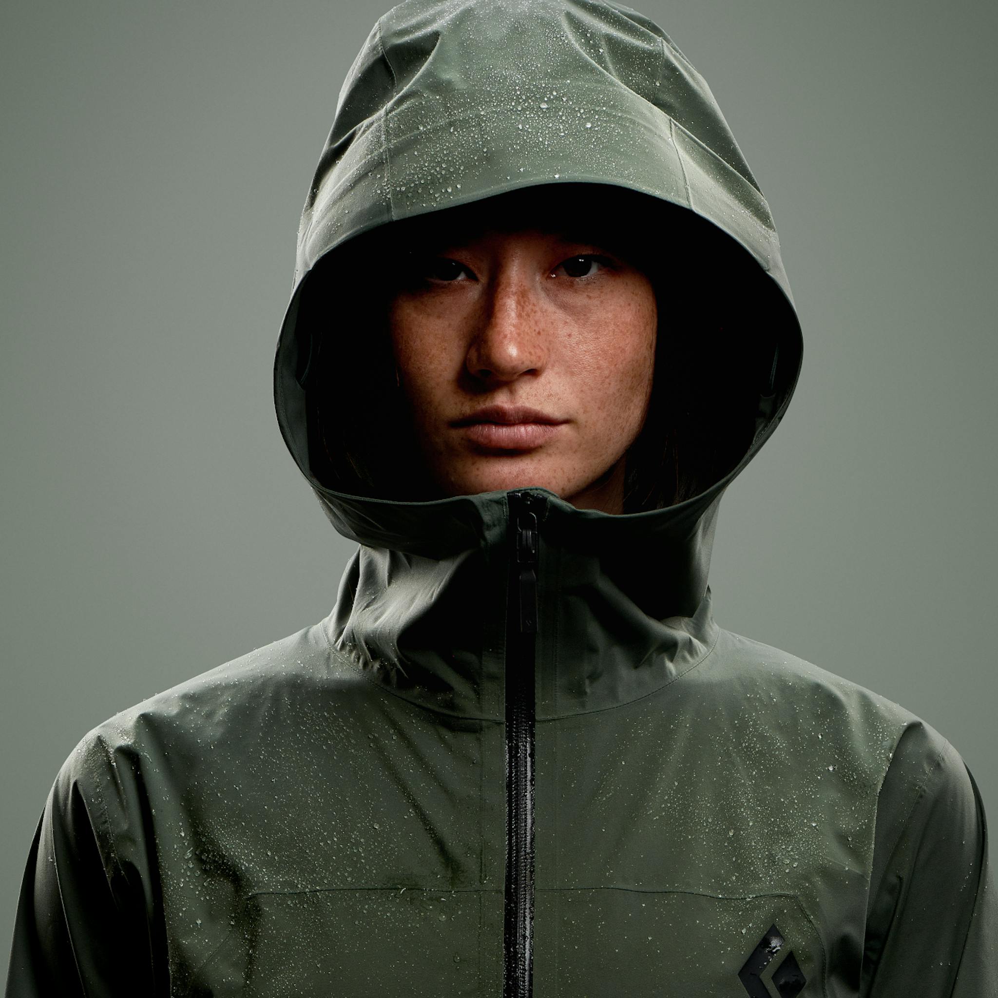 A model studio shot of the Stormline Stretch Rainshell