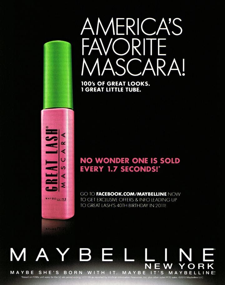 Maybelline New York advertisement with headline, "America's Favorite Mascara! 100's of great looks. 1 great little tube."