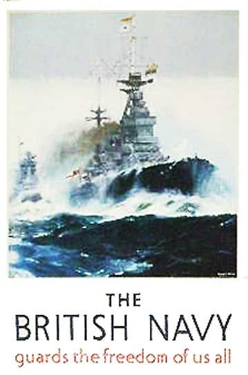 image of ship with text, "The British Navy. Guards the freedom of us all."