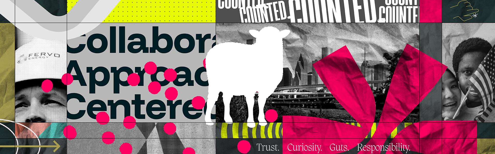 Black Sheep Agency brand collage featuring a white sheep over the Houston skyline.