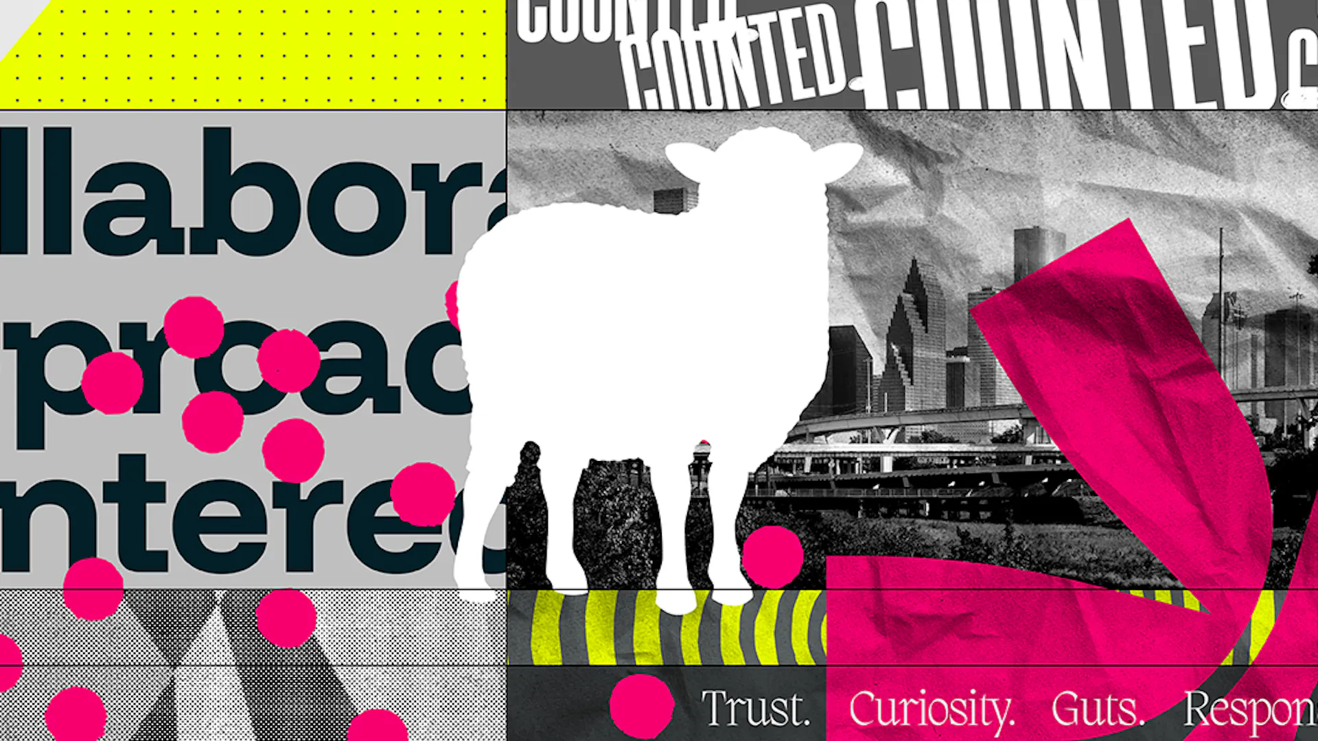 Black Sheep Agency brand collage featuring a white sheep over the Houston skyline.