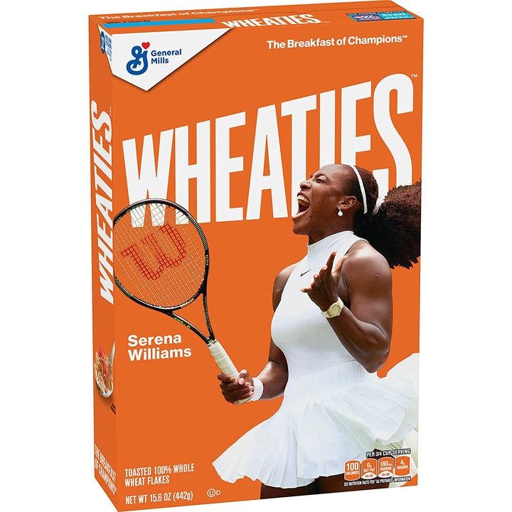 Wheaties cereal box with Serena Williams on the box. Text says, "Wheaties. Breakfast of Champions."