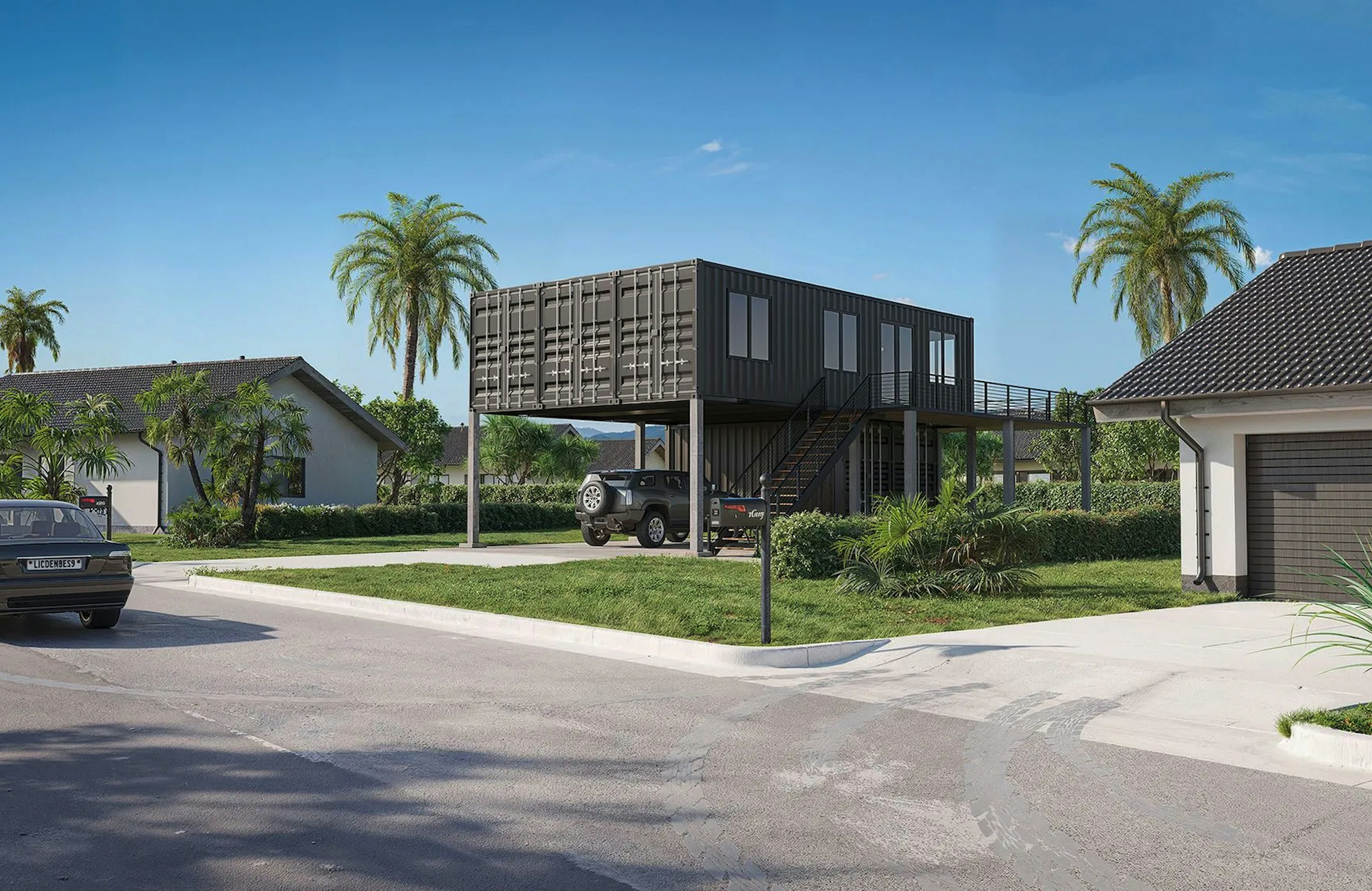 Container home in a sunny Florida street