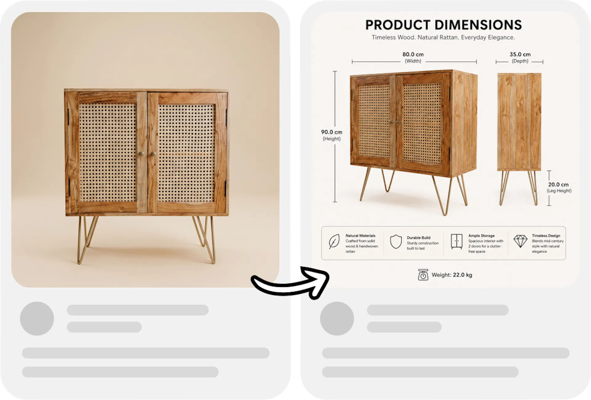 Before and after of a wooden cabinet with AI-generated product dimension infographic labels added automatically