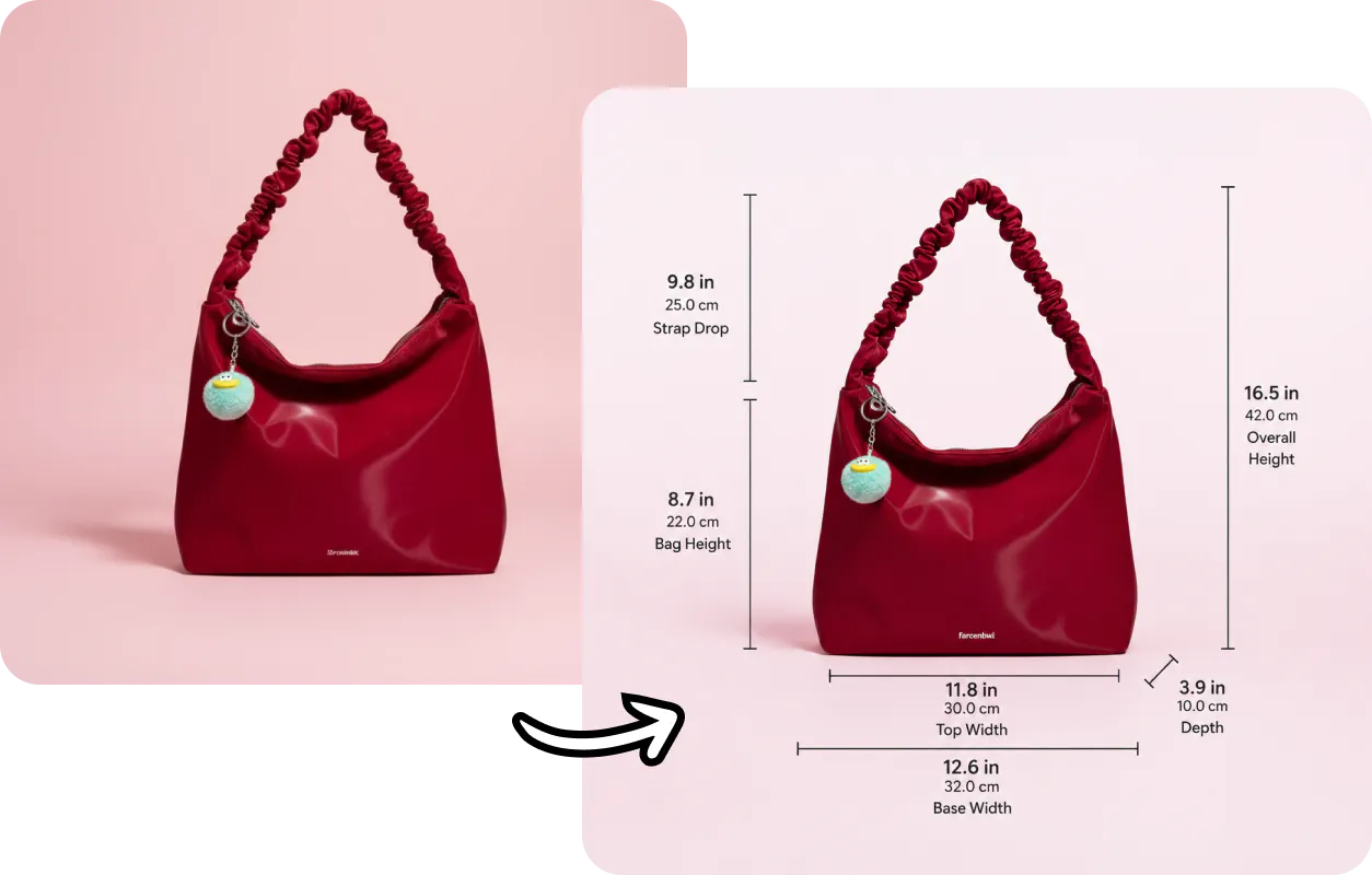 Before and after of a red handbag with AI-generated product dimension annotations added automatically