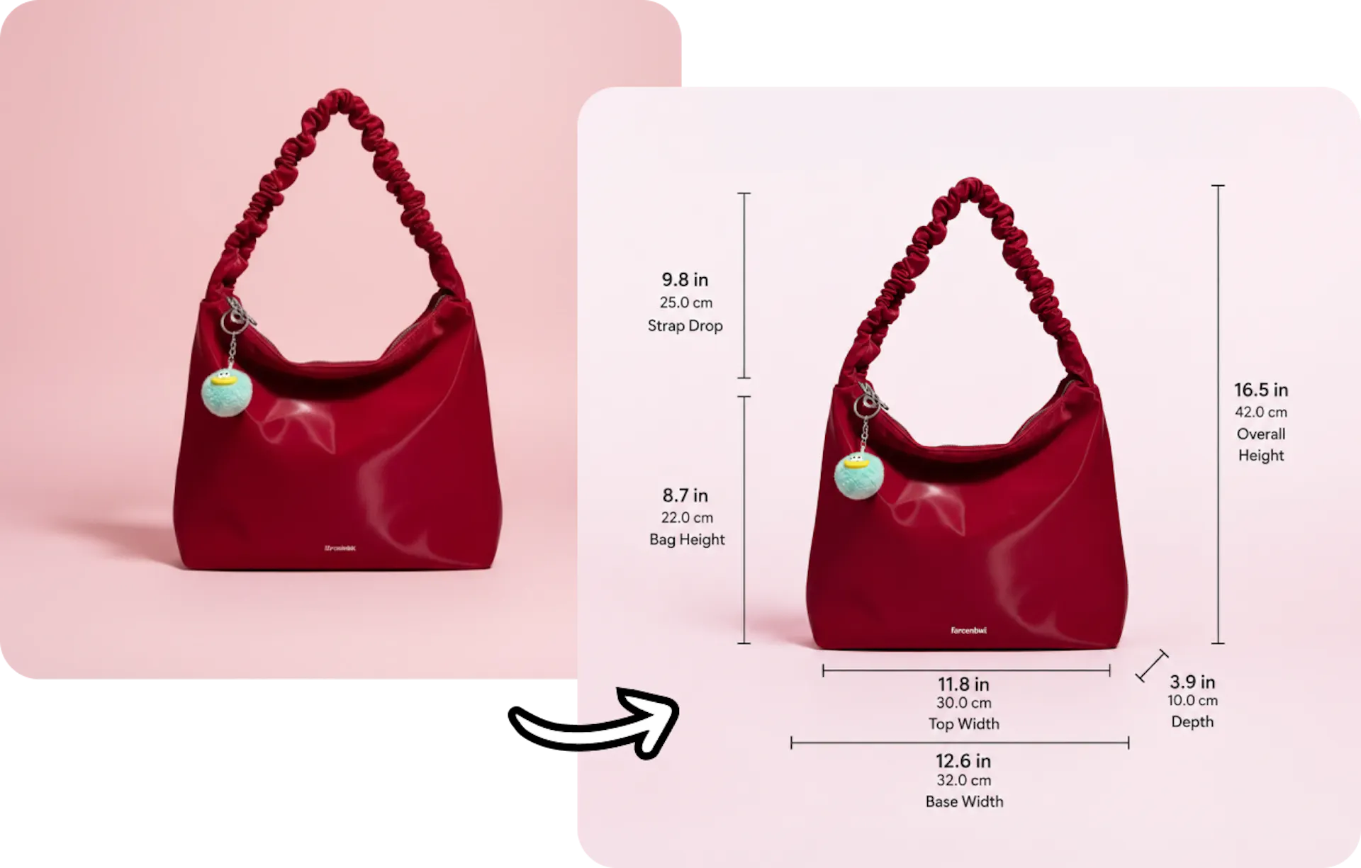 Before and after of a red handbag with AI-generated product dimension annotations added automatically