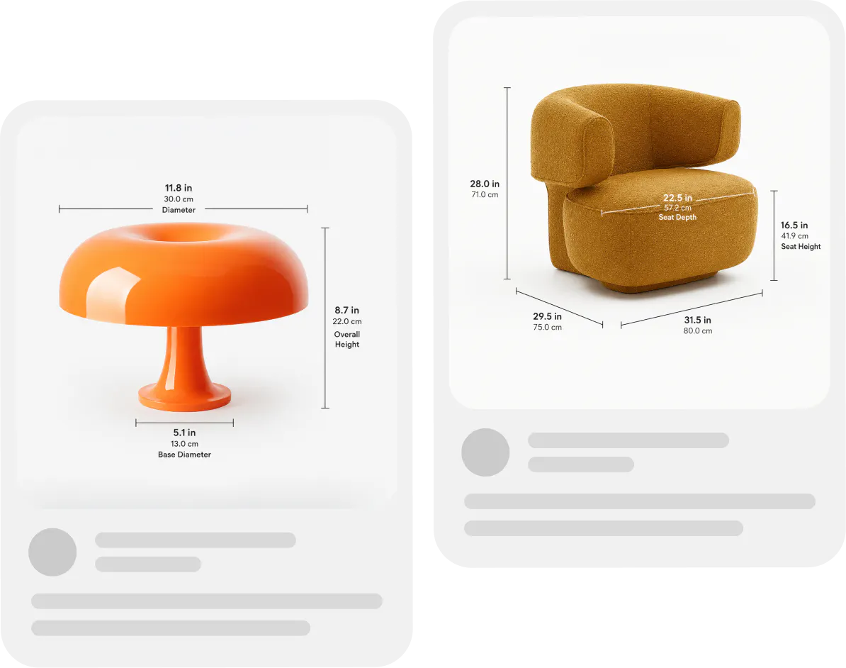 Ecommerce product listing cards with AI-generated product dimension infographics for Amazon and Shopify