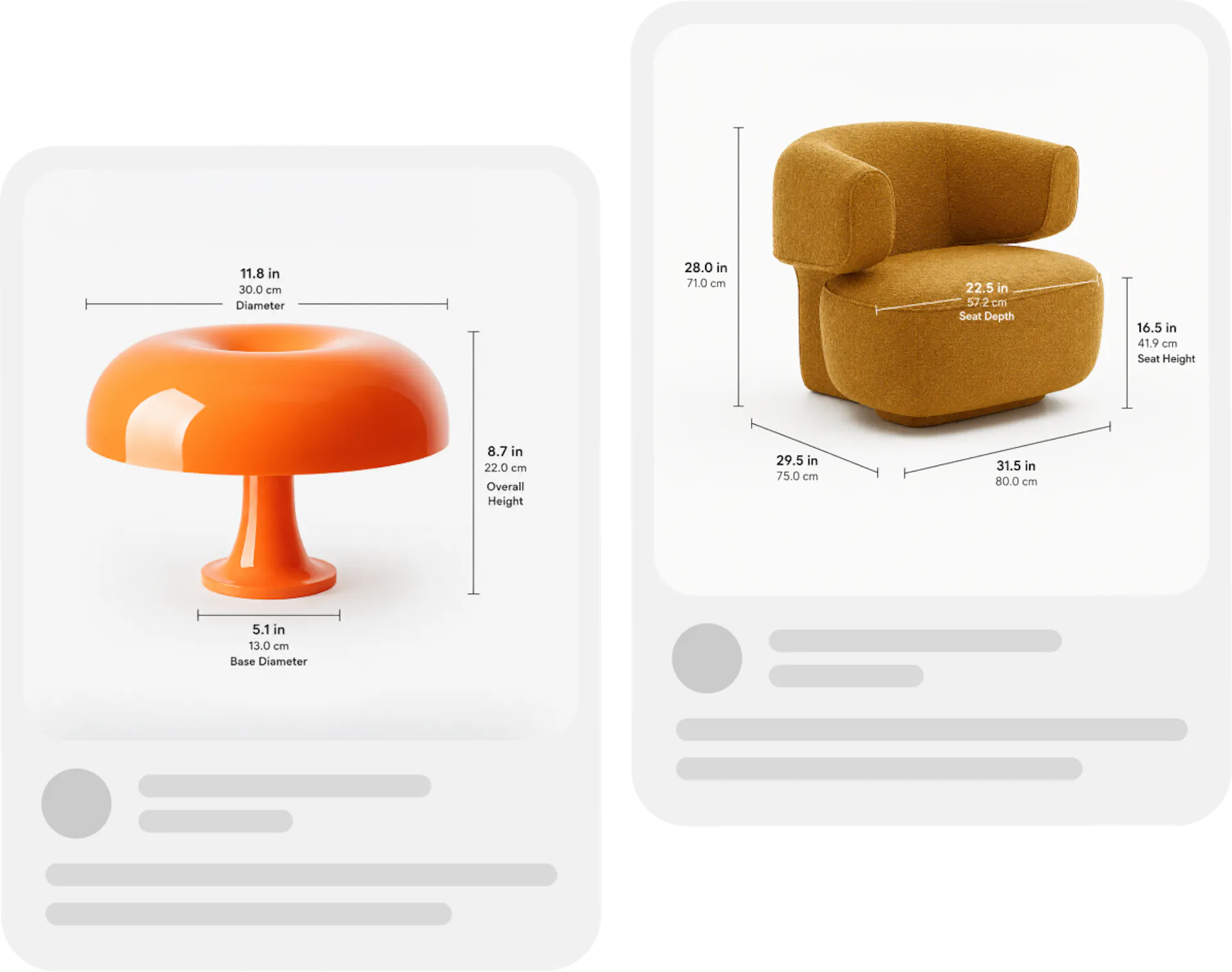 Ecommerce product listing cards with AI-generated product dimension infographics for Amazon and Shopify
