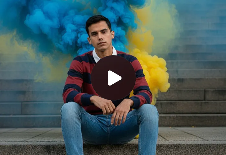 A playable video like thumbnail with colorful smoke coming from behind a person