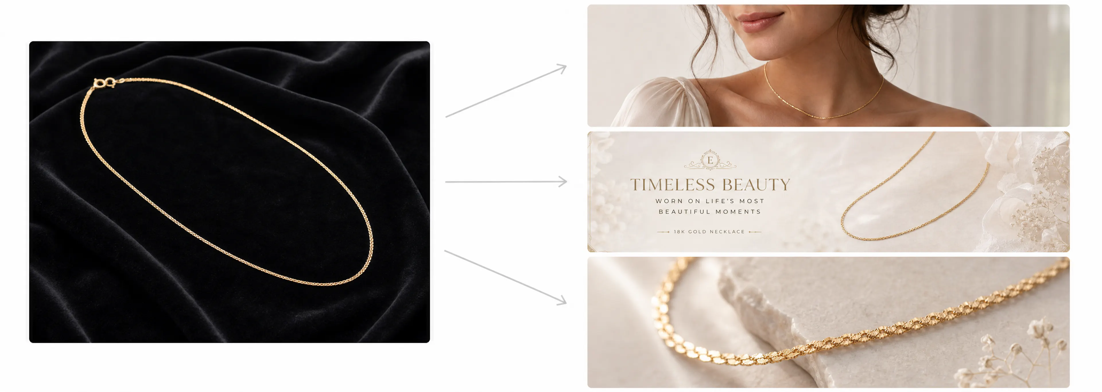 A single flatlay gold necklace transformed into a worn portrait shot, a bridal campaign poster, and a macro detail shot