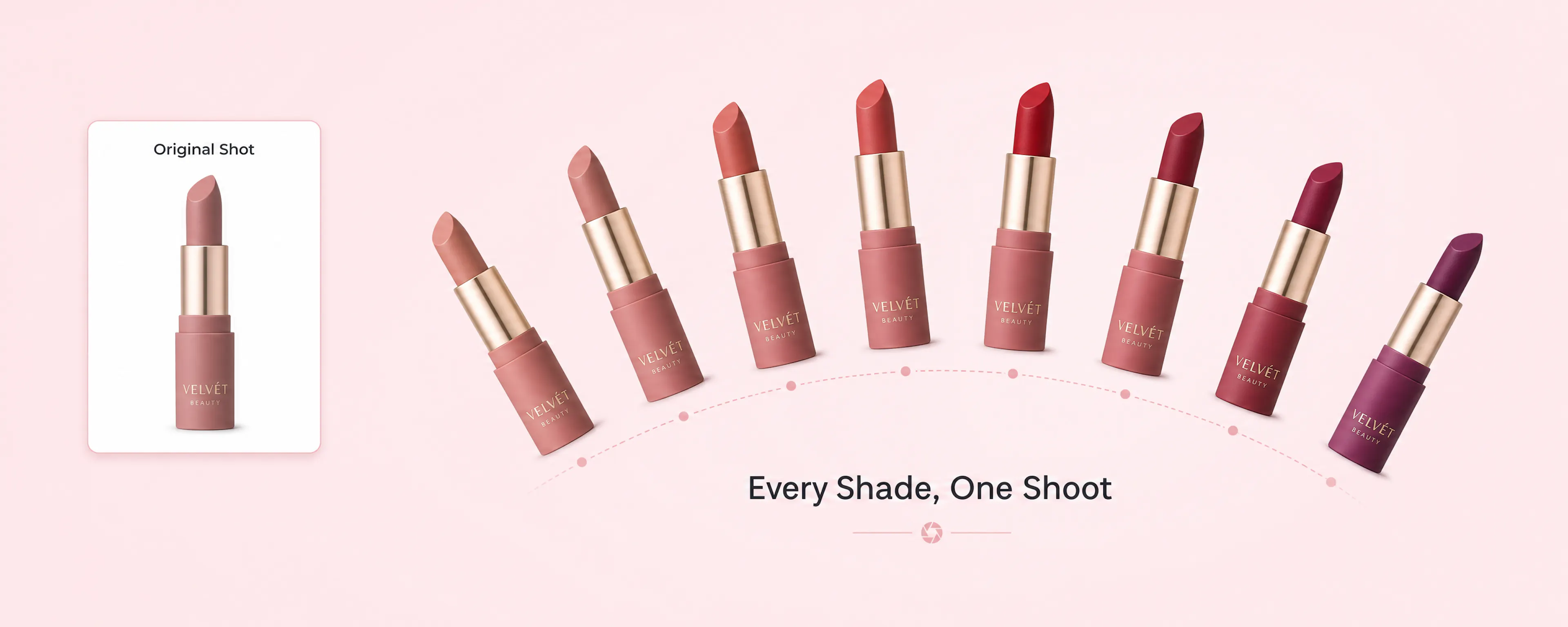 A single lipstick shot fanning out into a rainbow arc of every shade variant