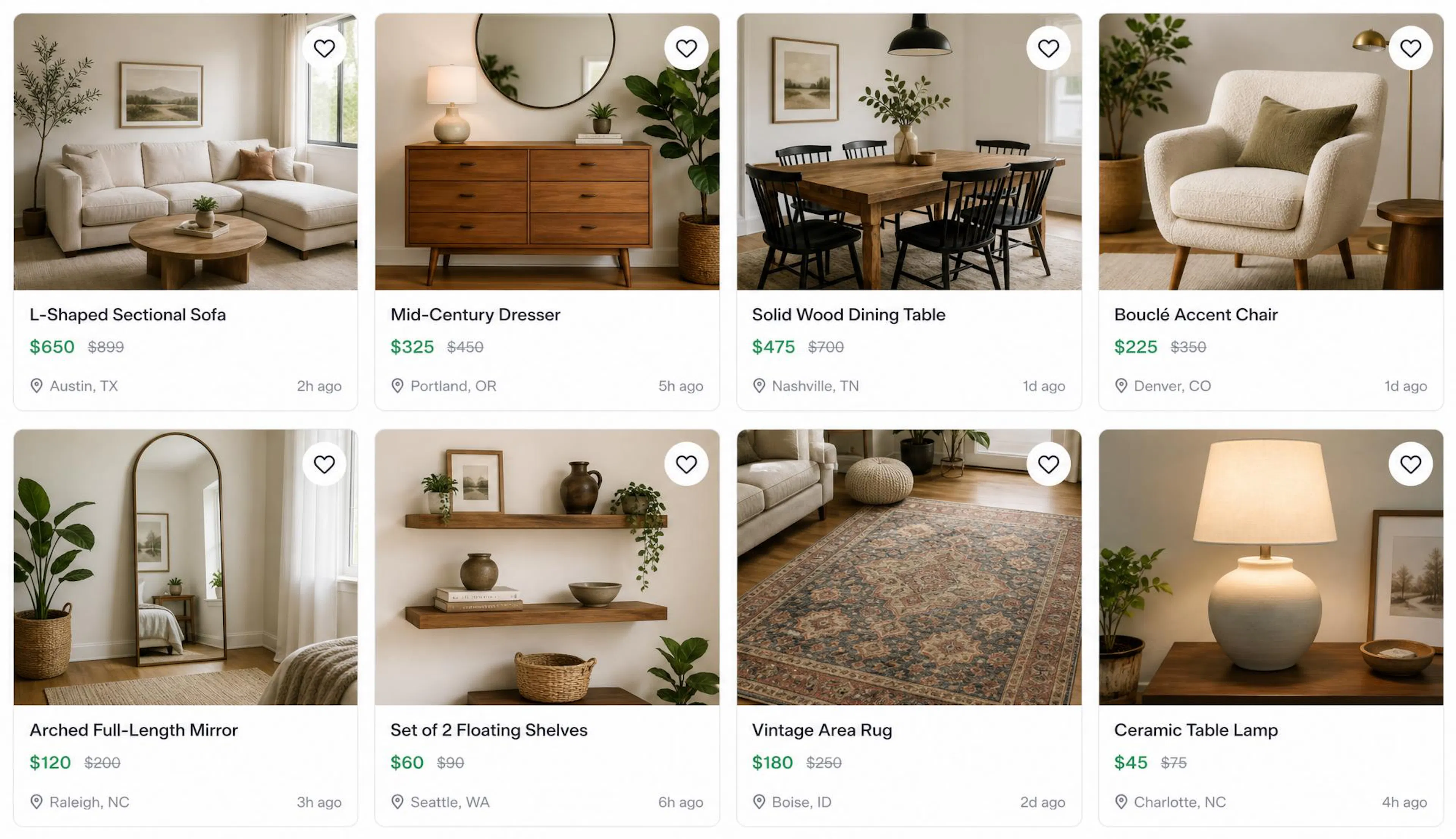 E commerce listings for decor and furniture