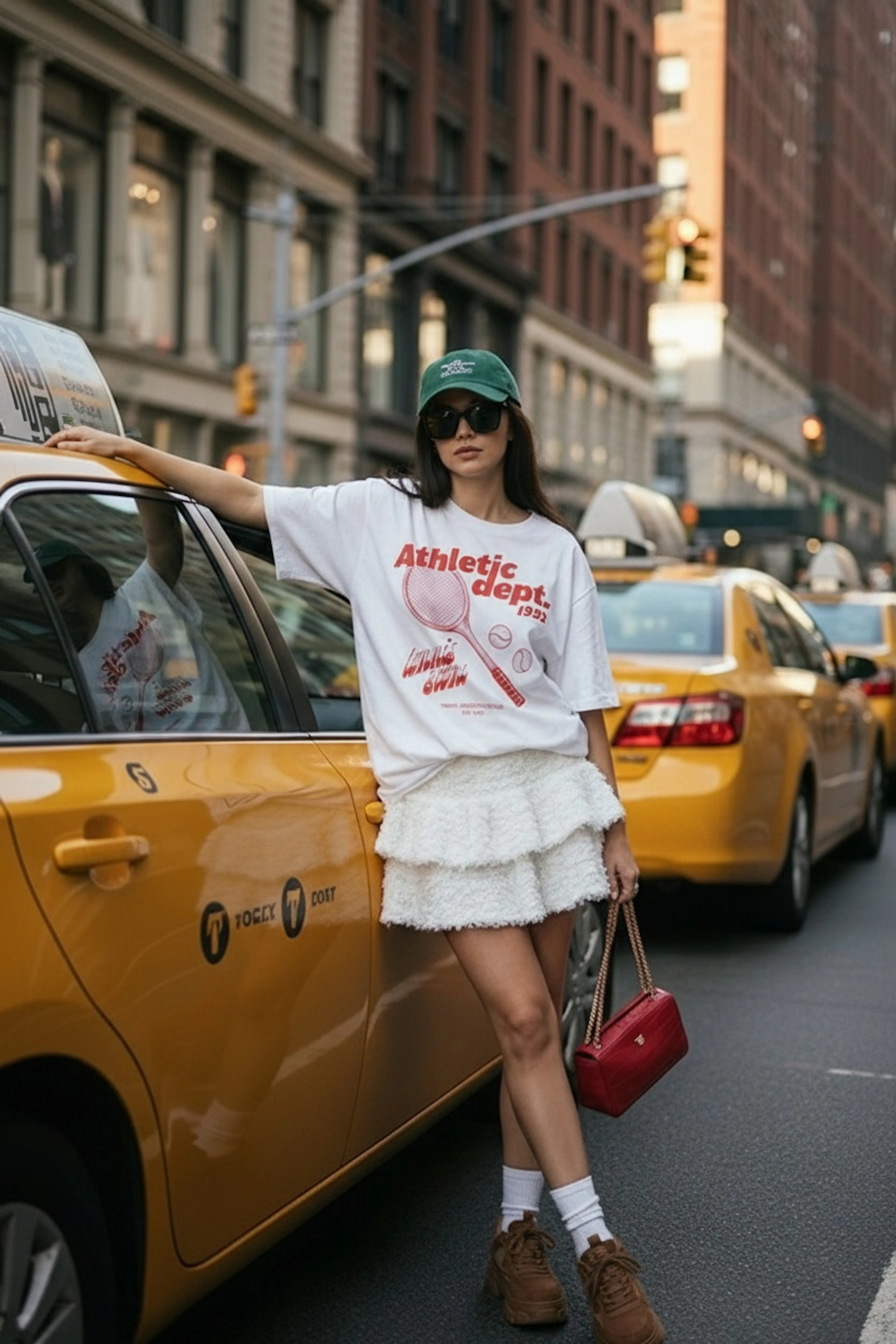 A woman wearing a tshirt against a cab in US streets