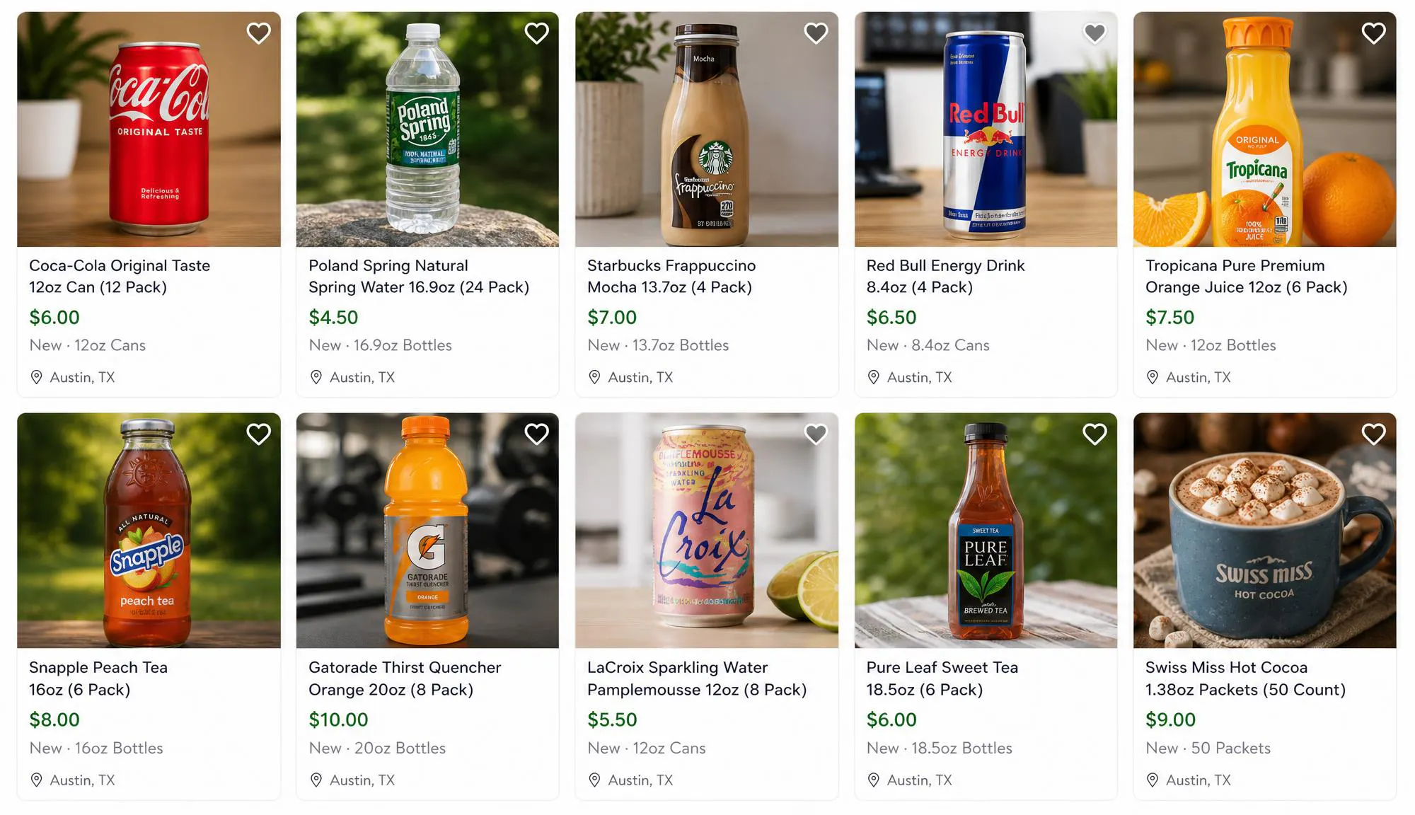 A grid of marketplace listings for beverages