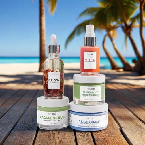 Skincare product photographs on a beach setting