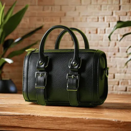 Leather handbag on a wooden table