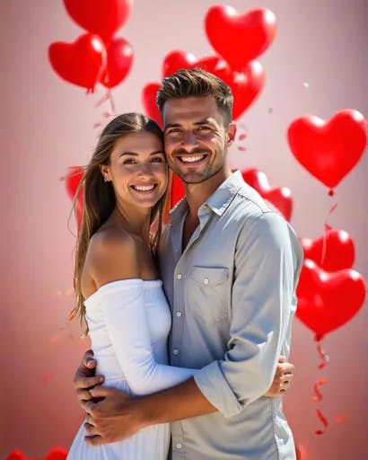 Photo of a couple posing in front of heart baloons