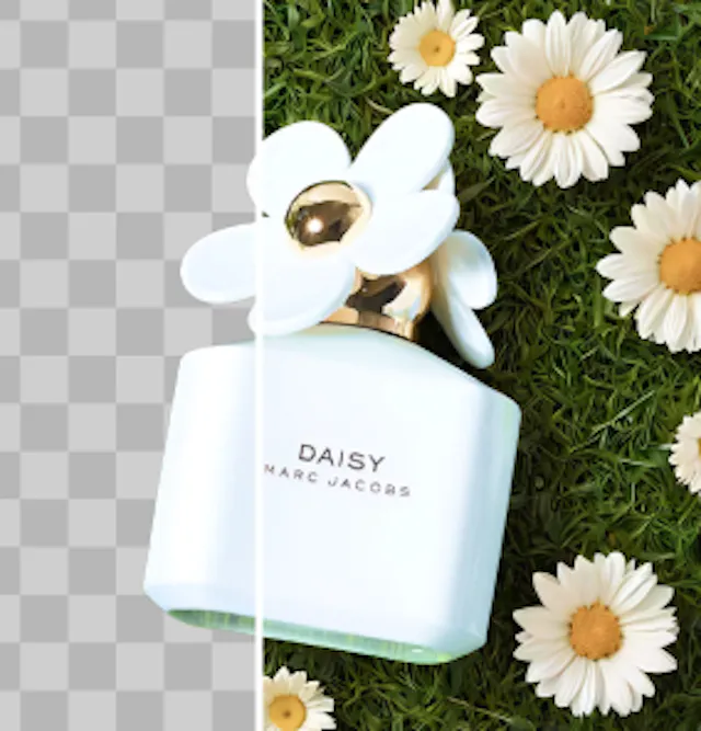 A before after image of a perfume bottle with and without background