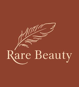 Line art style logo icon with a feather and "Rare Beauty" written in an elegant font