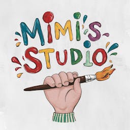 Illustration style logo for an Art Studio called "Mimi's Studio" with a hand holding a paintbrush and the brand name written on top as if they are painted with vibrant colors