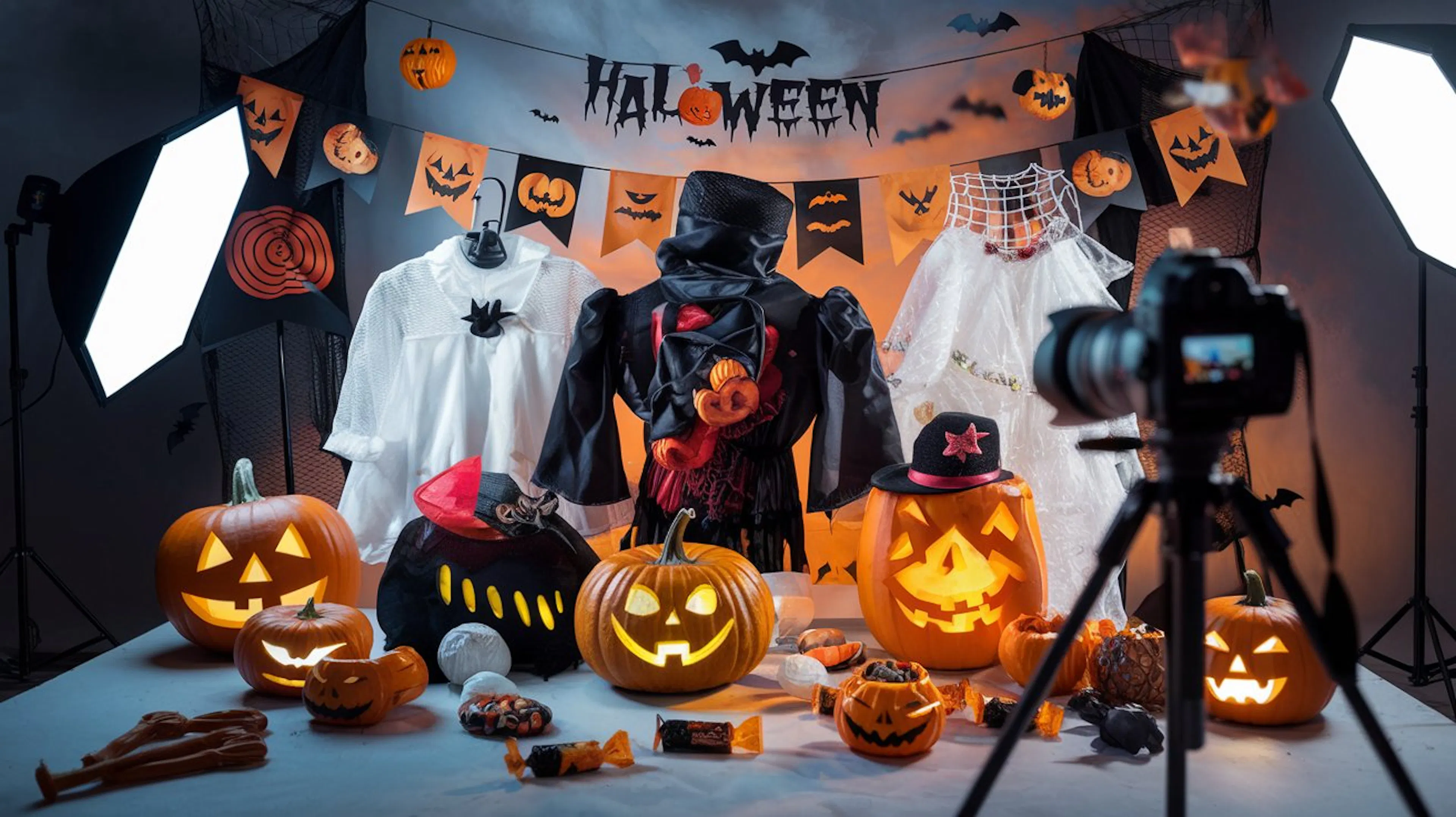A photo studio setup with halloween themed items for an ecommerce product photography