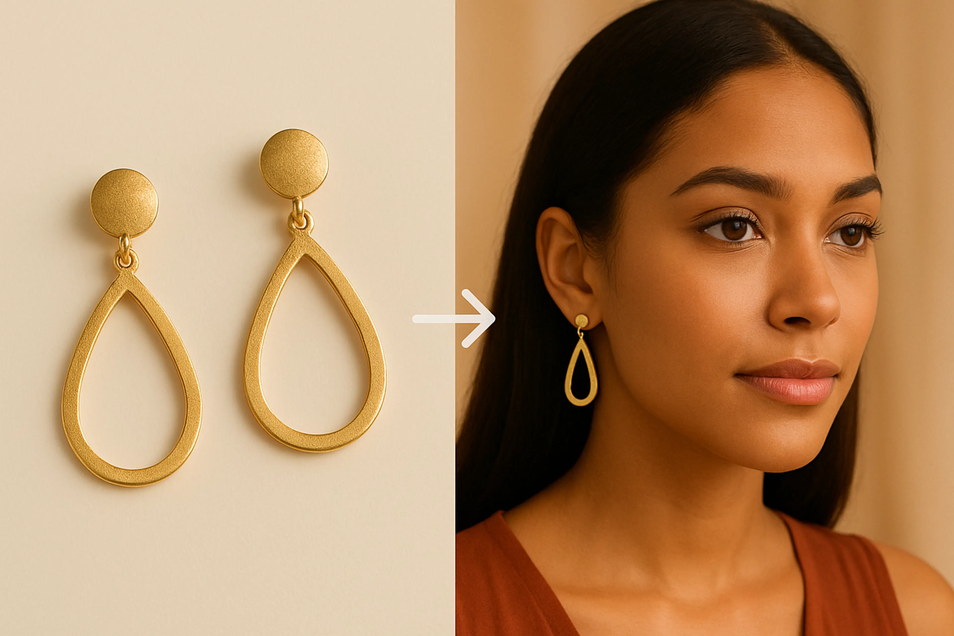 earrings flatlay image on the left to a model wearing it on the right