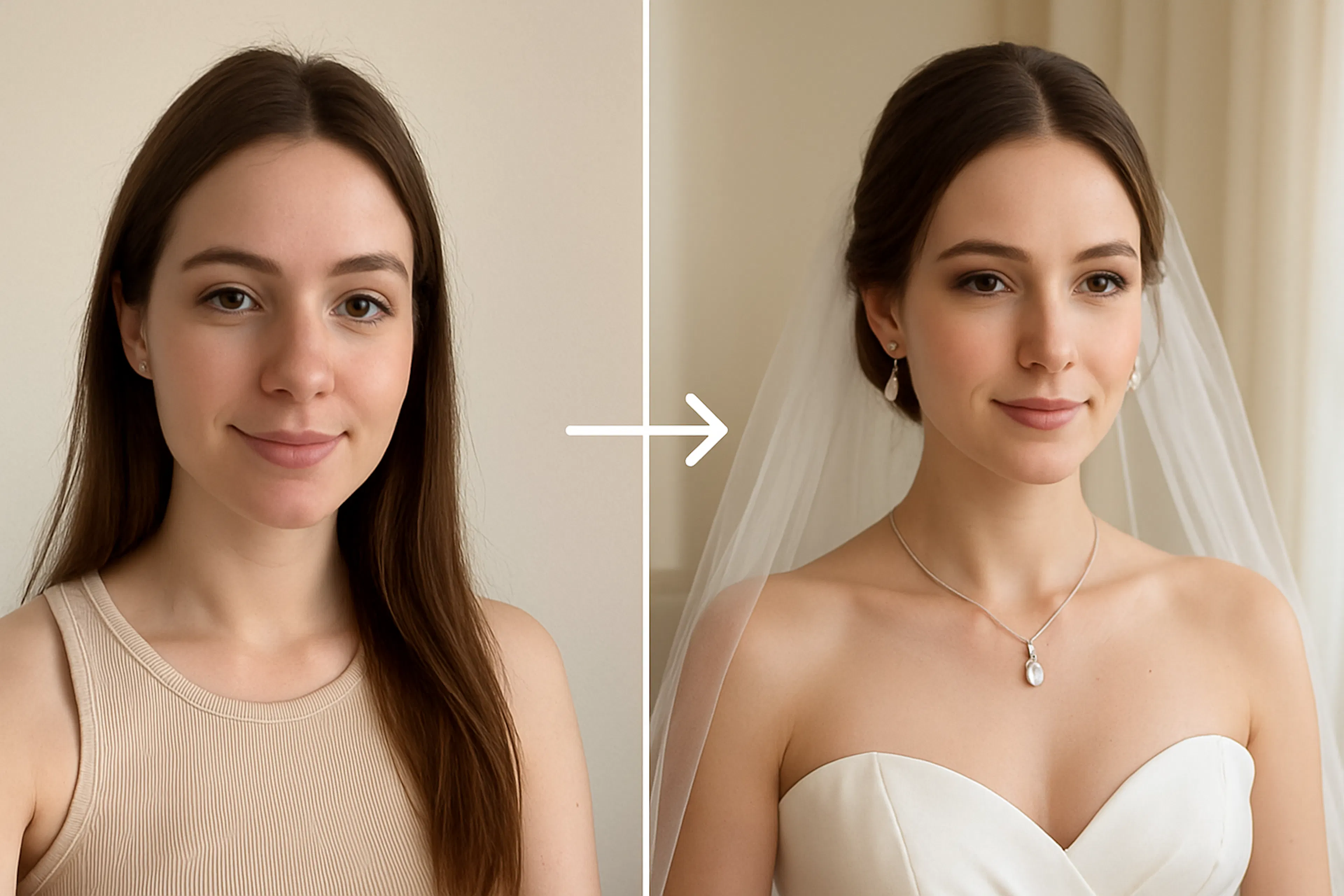 A before and after shot of a woman trying on her white wedding attire