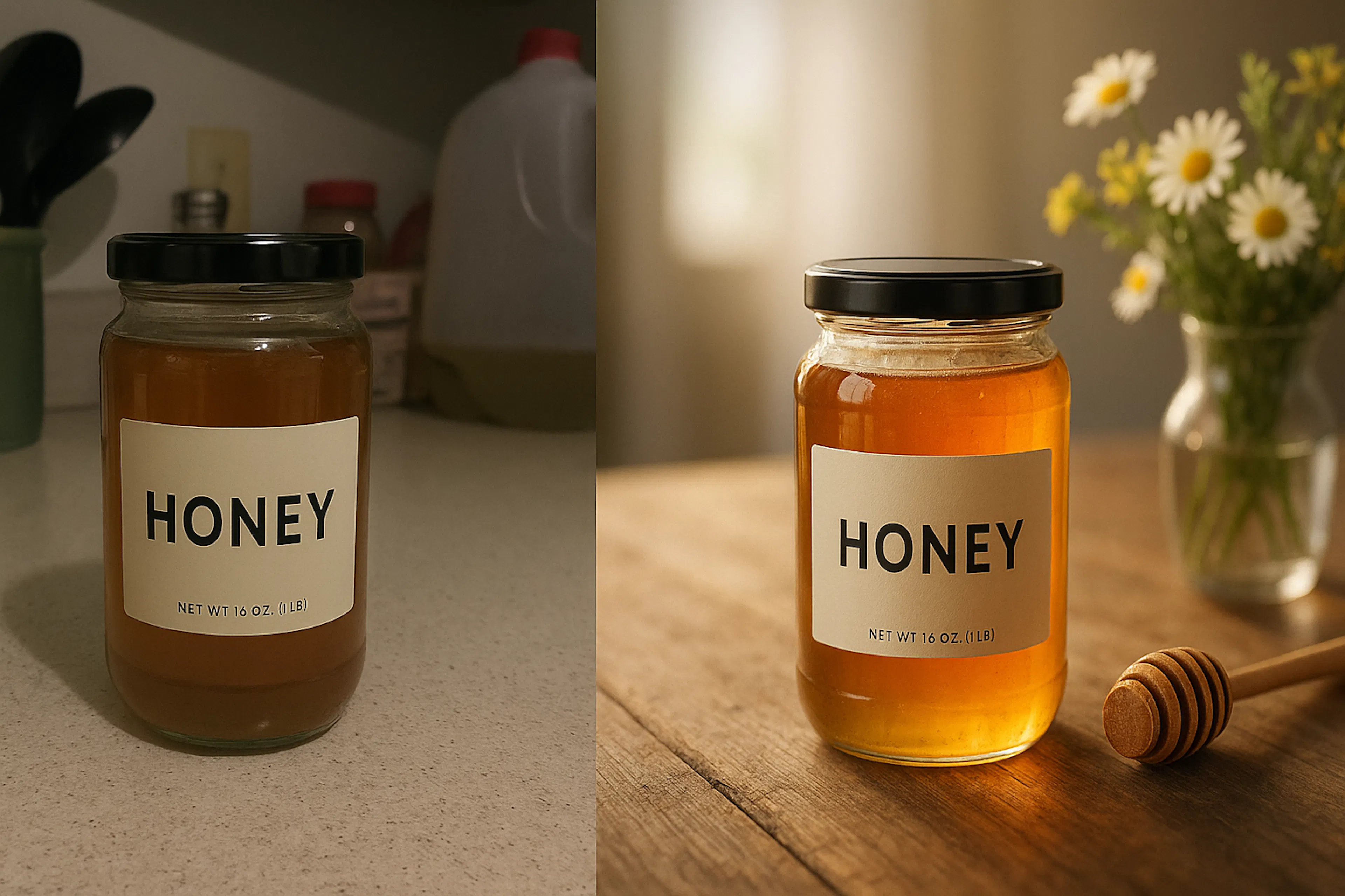 📸 Before: A jar of honey sitting on a cluttered kitchen counter, taken under yellow ceiling lights.
✨ After with Stage it: The same jar placed on a rustic wooden table with soft morning light, a honey dipper, and fresh flowers in the background.