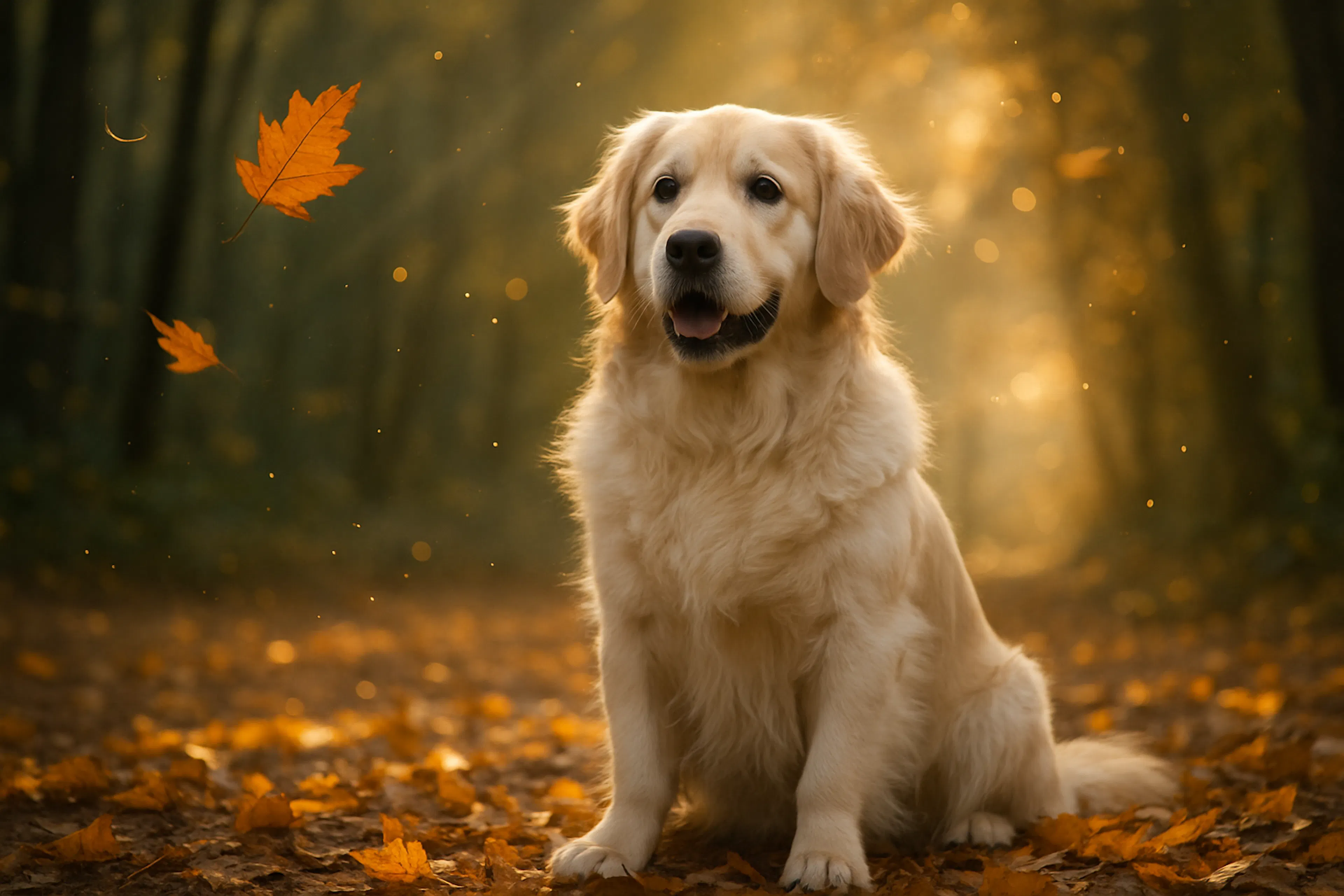 pup lounging in a sun-drenched forest clearing with falling leaves and soft light rays