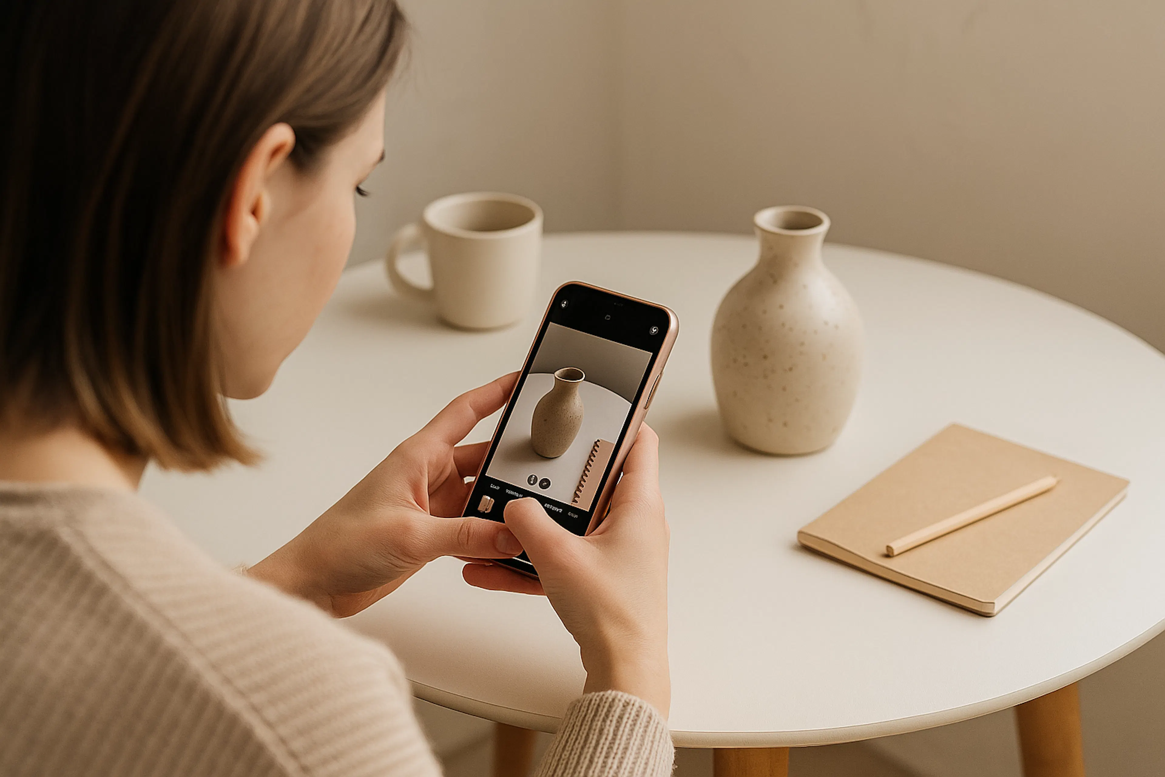 Woman taking the photo of a ceramic bowl that she is going to sell online