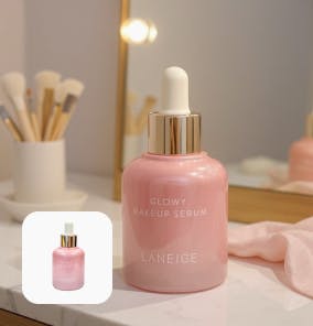 A Lifestyle shot of a cosmetic bottle in a makeup shelf