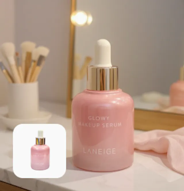 A Lifestyle shot of a cosmetic bottle in a makeup shelf