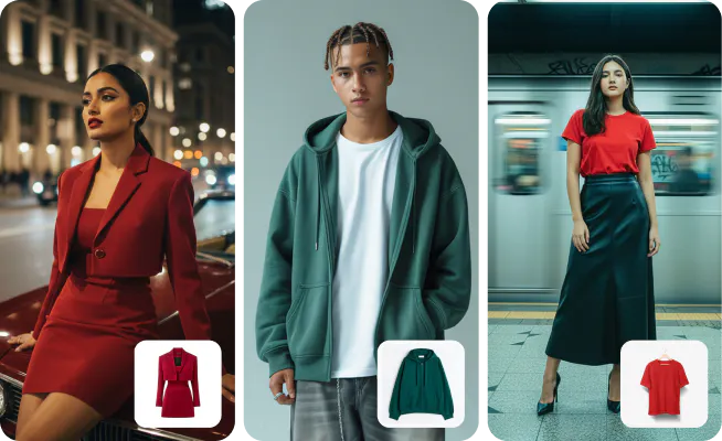 3 examples showcasing clothing applied on try on models